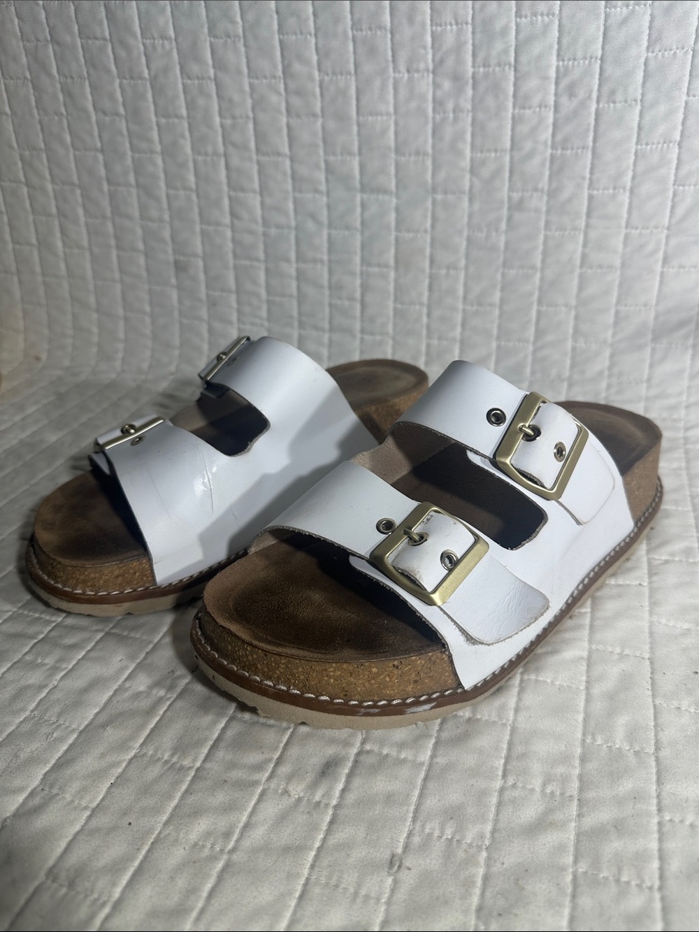 Yokono Oko Spain leather two band flatform footbed sandals w/gold-tone buckles